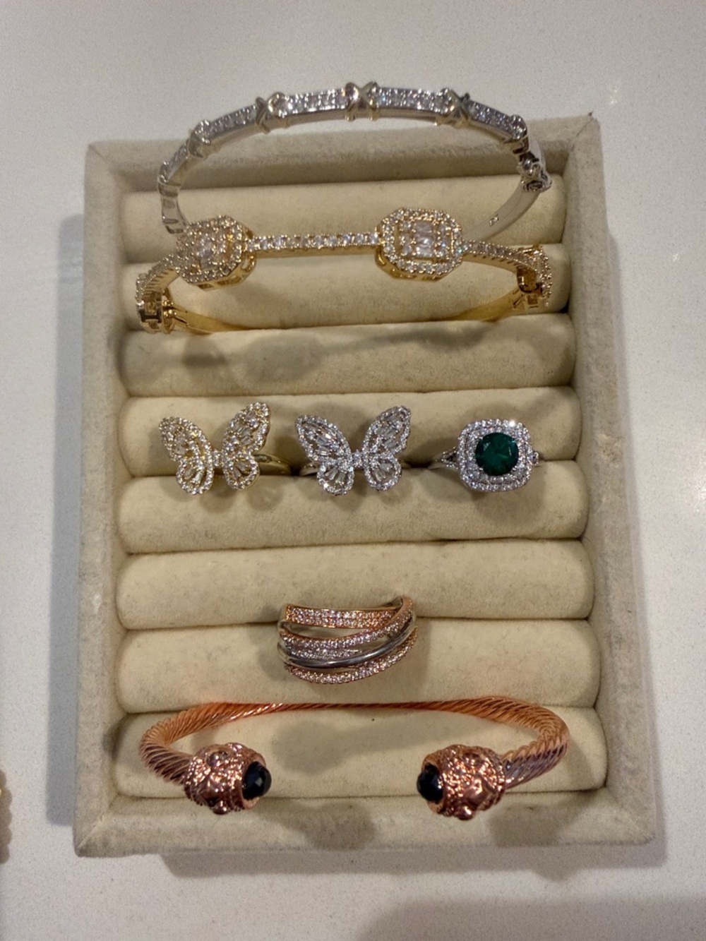 Gold and Rose Gold Mixed Metal Bracelet and Ring Set with Emerald Accent for pam